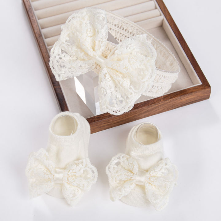 3Pcs/Set Cream Lace Baby Headbands&Socks Newborn Princess Girls Wide Rhinstone Pearl Eastic Hairbands Kids Headwear Photo Props