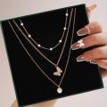 3PCS Suit Retro Multilayer Necklace Decorated With Artificial Pearl Clavicle Chain Creative Simple Butterfly Pendant Necklace. 