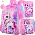 3PCS Unicorn Backpack for Girls, 16" Sequin Kids Bookbag and Lunch Box, Preschool Backpacks for Elementary..