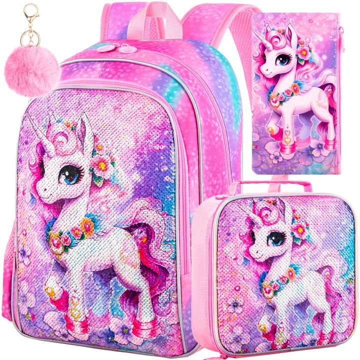 3PCS Unicorn Backpack for Girls, 16" Sequin Kids Bookbag and Lunch Box, Preschool Backpacks for Elementary.