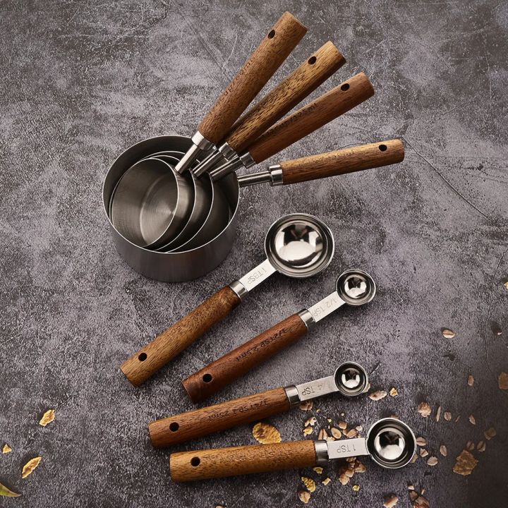 1/4/8Pcs Measuring Cup Spoon Sets Stainless Steel Wooden Handle Coffee ...