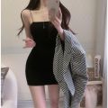 Women's Summer Solid Color Spaghetti Strap Sundress  Mini Camisole Dress Bodycon Sleeveless Black for Club Party. 