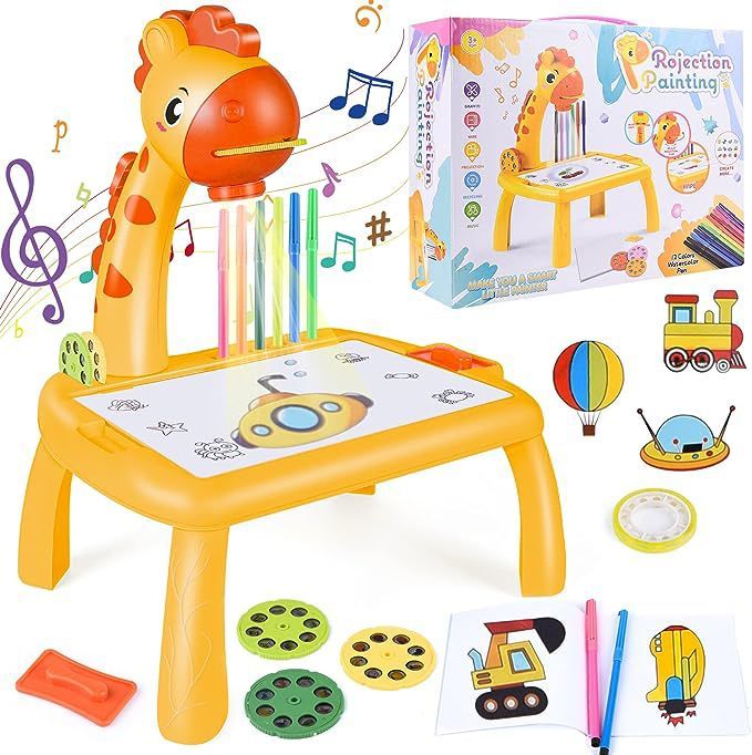  Drawing Projector Table for Kids, Trace and Draw, Drawing Board Giraffe with Light & Music, Child Smart Projector Sketcher Erasable Doodle Board Educational Toys for 3+ Girls Boys Toddlers