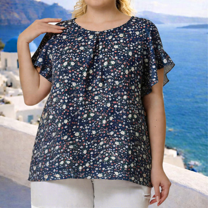 Women's%20plus%20Size%20Floral%20Print%20Ruffled%20round%20Neck%20Short%20Sleeve%20Shirt%20Elegant%20Ruffle%20Sleeve%20Top%20Summer%20Fashion%20Casual%20Blouse%20-%20Image%206