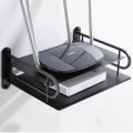 2-Layer Wall Mount WiFi Router Stand – Metal Shelf for TV Box & Remotes, Black. 