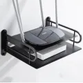 2-Layer Wall Mount WiFi Router Stand – Metal Shelf for TV Box & Remotes, Black.