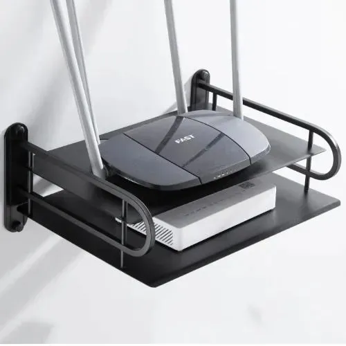 2-Layer Wall Mount WiFi Router Stand – Metal Shelf for TV Box & Remotes, Black