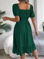 Spring Summer Elegant High Waisted Dress Square Neck Short Sleeved Ruffled Edge Long Dresses 2026 Valentine's Day Woman Clothing.