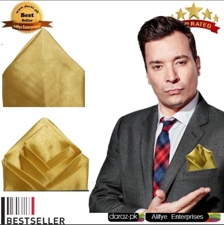 Two Side - Pre Folded Ready Made Silk Men's Women Coat Pocket Square (Romal) Necktie On Card Bouquet Pocket Square Handkerchief Golden Colour