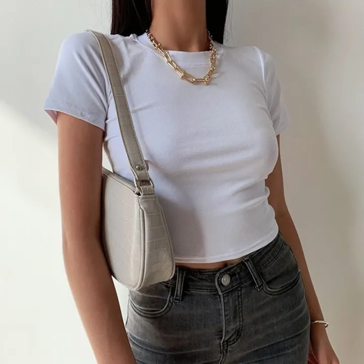 Short%20Sleeve%20T-Shirt%20Women%20Solid%20Simple%20Casual%20Soft%20All-Match%20Basic%20Crop%20Tops%20Tees%20Summer%20Fashion%20Skinny%20Tops%20Black%20White%20-%20Image%204
