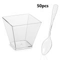 50pcs Plastic Dessert Cup Kitchen Decor Square Mini Dessert Cups with Spoon Set Reusable Accessories for Jelly Mousse Ice Cream. 