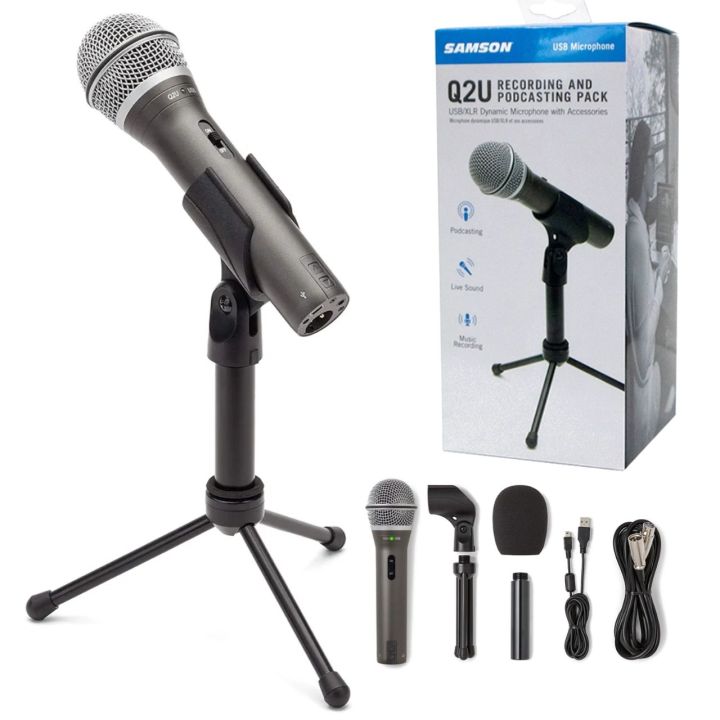 Samson%20Q2U%20USB/XLR%20Dynamic%20Microphone%20Recording%20and%20Podcasting%20Pack%20(Includes%20Mic%20Clip,%20Desktop%20Stand,%20Windscreen%20and%20Cables),%20silver%20-%20Image%202