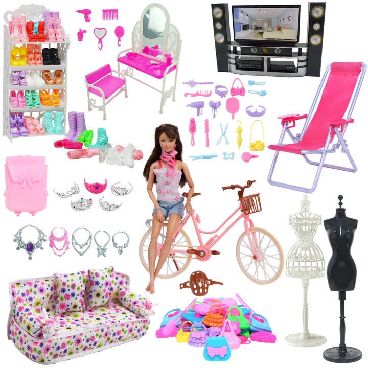 Mixed Doll Accessories Shoe Rack Pink Bed Bike Bag Sofa Dresser Display Doll Holder Dollhouse Furniture for 30cm Girl Doll Toy