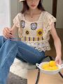 Granny Square Top Crochet Knit Sheer Embroidery Lace Square Neck Blouse Summer Women Teengirl Fairycore Cottagecore Outfit. 