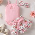 0-2 Year Old Newborn Baby Girls Summer Sleeveless Suspender Jumpsuit With Floral Print Short Skirt Cute Fashion Toddler Set. 