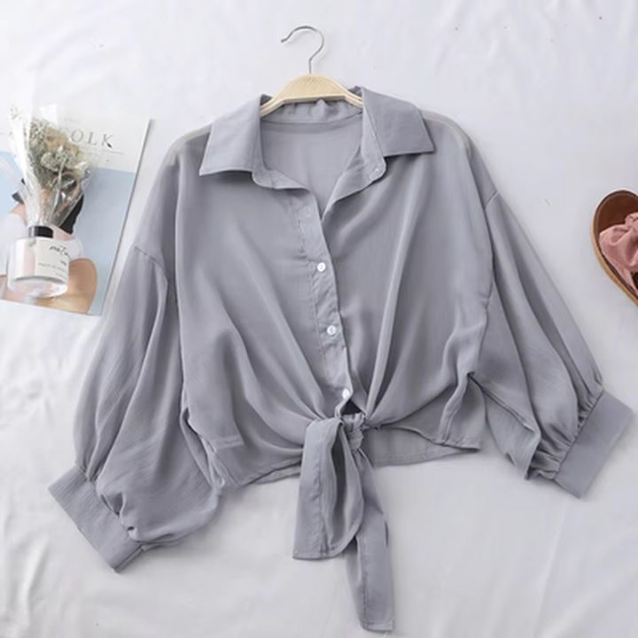 Women%20Summer%20Bat%20Half%20Sleeve%20Chiffon%20Shirt%20Casual%20Loose%20Button%20Hollow%20White%20Clothes%20Elegant%20Solid%20Color%20Tied%20Waist%20Blouse%209776%20-%20Image%202