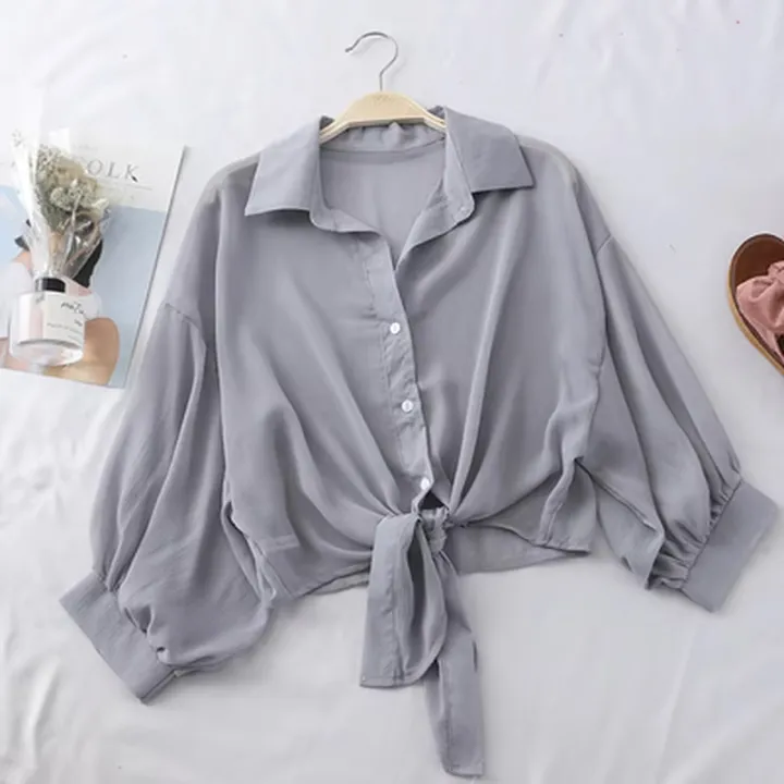 Women%20Summer%20Bat%20Half%20Sleeve%20Chiffon%20Shirt%20Casual%20Loose%20Button%20Hollow%20White%20Clothes%20Elegant%20Solid%20Color%20Tied%20Waist%20Blouse%209776%20-%20Image%202