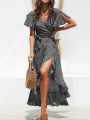 Summer Beach Maxi Dress Women Floral Print Boho Long Chiffon Dress Ruffles Wrap Casual V-Neck Split Party Dress Robe Femme.