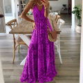 European And American New 2023 Bohemian Style New Strap Long Dress High Waist V-Neck Printed Fragmented Flower Dress Women's Wea. 