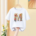 Girls T Shirt Custom Name Letter Combination Print Tshirt Flower Letter Font A B C D E F G Short Sleeve Kids Pink Tops.
