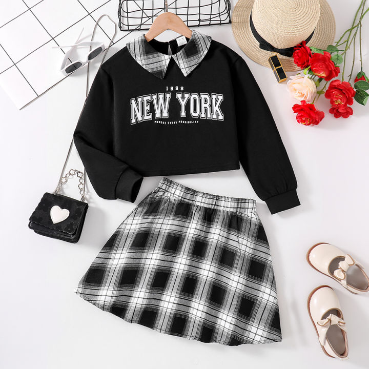 Girls%20Fashion%20Casual%202-Piece%20Set%20Black%20Lapel%20Long-Sleeved%20Letter%20Print%20Shirt%20Plaid%20Skirt%20Spring%20Autumn%20New%20-%20Image%202