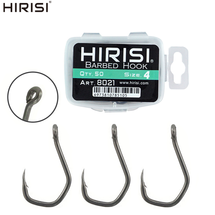 Hirisi 50pcs PTFE Coated High Carbon Stainless Steel Barbed Fish Hook With Eye 8021 Fishing Accessories