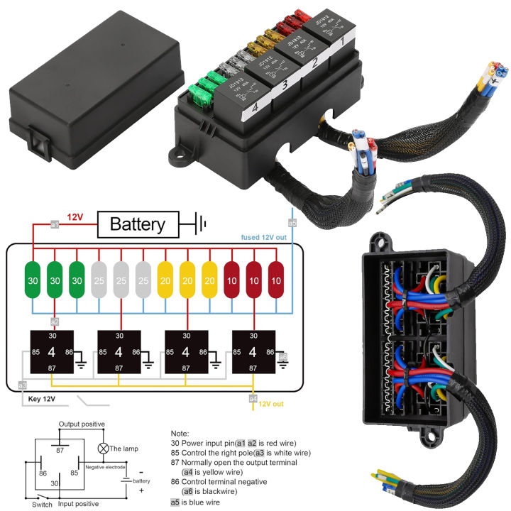 Pre-Wired Fuse Relay Box, 2/3/4/6 Way 4-Pin 40A Relay Block Kit, for ...