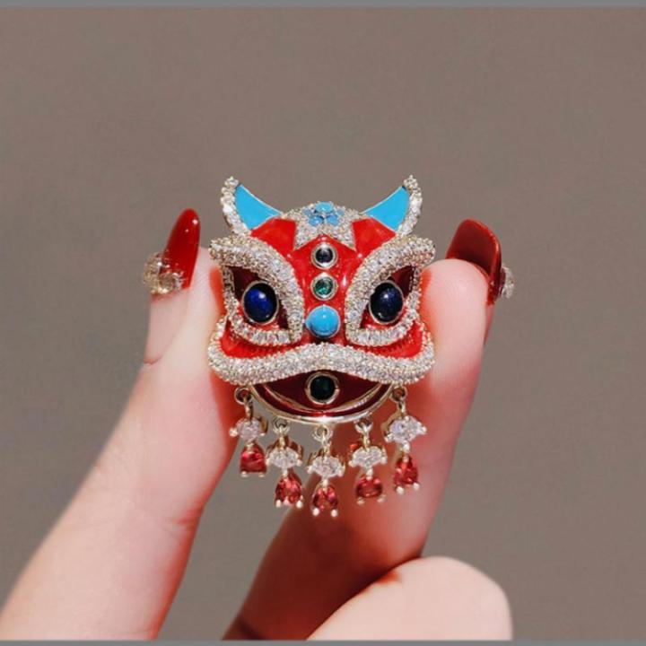 Chinese Style Red Lion Dance High End Accessory Enamel Painted Brooch