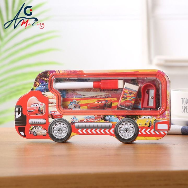 Disney Frozen Car Student 6 in 1 Cartoon 3D truck pencil case with stationery set double layer iron pencil holder kids stationery Stationery Box Pencil Sharpener Eraser Set Children's Learning Gifts Boys and Girls Pencil Case Prizes