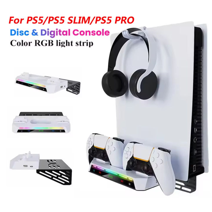 Wall Mount Kit with RGB Light For PS5/ Pro/ Slim Console Dual Controller Charging Station Headset Hanger For PS5 Accessories
