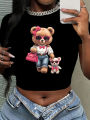 Kawaii Bear with Girls Design Cropped Girls Crop Top T Shirt Women's Print Shirt T-shirt Funny Top Tee. 