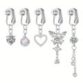 5Pcs Rhinestone Heart Butterfly Dangle Non Piercing Stainless Steel Navel Clips,Fake Belly Button Rings,  Navel Jewelry For Men. 