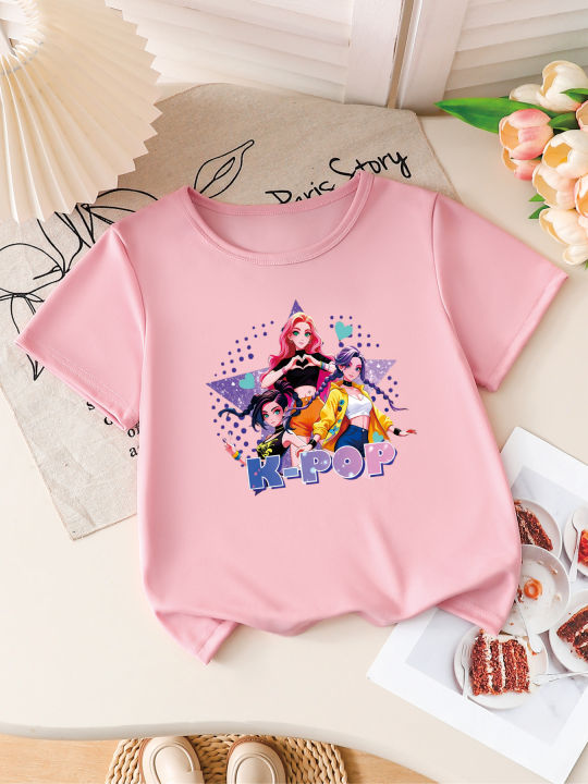 Girls%20%20Anime%20Print%20Short%20Sleeve%20T-Shirt%20Cute%20Cartoon%20Graphic%20Tee%20Kids%20Summer%20Casual%20Top%20-%20Image%203