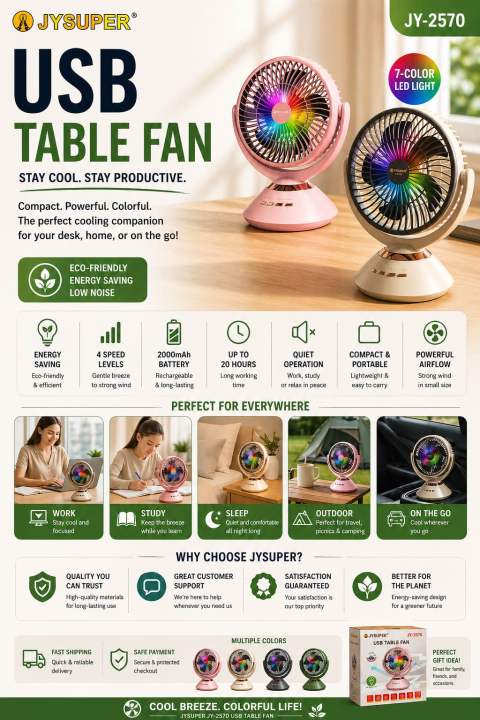 Joy Super JY-2570 Professional 6 Battery Rechargeable Portable Table Fan