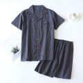 High Quality and Durable Men Cotton Pajama Set Single-Line Checkered Matching Loungewear Checkered Cardigan Shorts Sleepwear. 