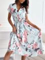 Summer Women's Fashion Flower Print Short Sleeved Dress Elegant V-neck Button Belt Leisure Vacation Dress.