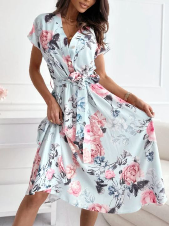 Summer%20Women's%20Fashion%20Flower%20Print%20Short%20Sleeved%20Dress%20Elegant%20V-neck%20Button%20Belt%20Leisure%20Vacation%20Dress%20-%20Image%204