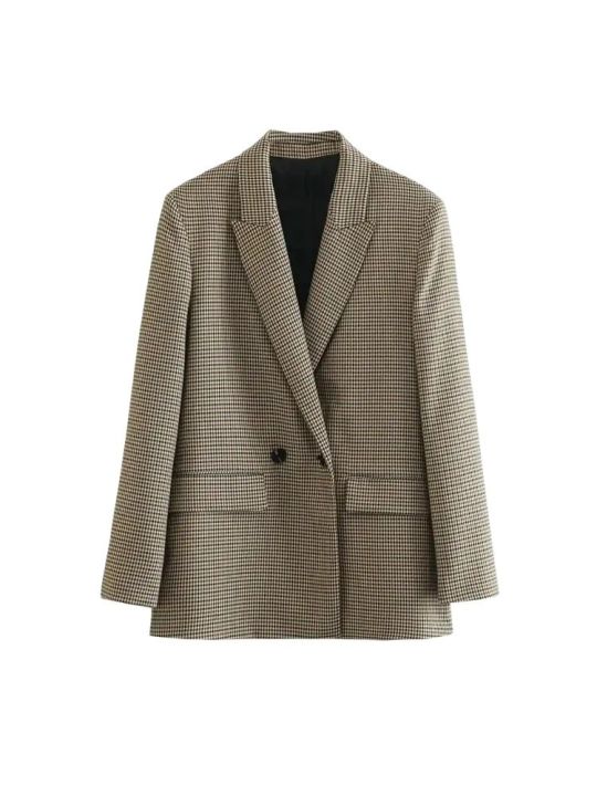 Women Fashion Double Breasted Plaid Blazer Coat Vintage Long Sleeve Flap Pockets Female Outerwear Chic Vestes Femme