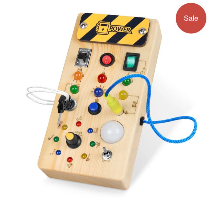 Montessori Kids Wooden Busy Board with 8 LED Light switches, Sensory Toys Light Switch Toys Travel Toys for Kids.