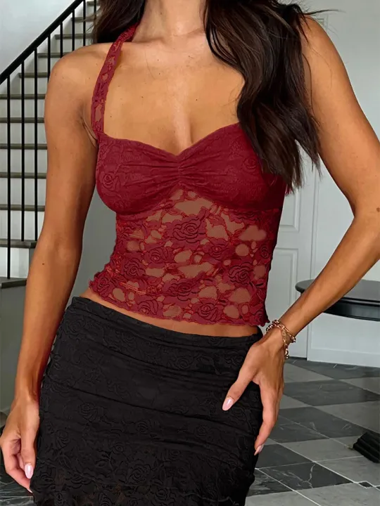 Spring/Summer%202025%20%20Women's%20Y2K%20Style%20Sleeveless%20Lace-Trimmed%20Fitted%20T-Shirt%20Lace-Tie%20Plain-Colour%20Tank%20Top%20-%20Image%202