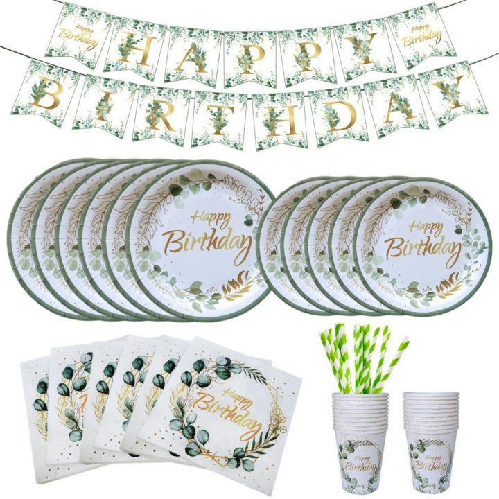 Eucalyptus Leaves Disposable Tableware Set Green Leaf Paper Plates Cup Napkin Tablecloth Girl Boy Birthday Party Decoration