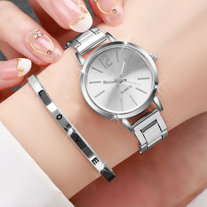 2PCS%20Women's%20Watch%20Fashion%20Gold%20Steel%20Band%20Quartz%20Wristwatch%20Opening%20Cuff%20Bracelet%20Set%20girls%20watch%20-%20Image%203