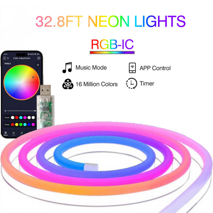 Usb Led Neon DC5V USB RGBIC Neon LED Strip,10M RGBIC Neon Rope Light with Bluetooth ...