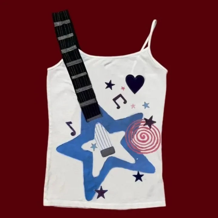 Summer New Y2K Punk Rock Trend Visual Design Musical Note Printed Camisole Vintage Fashion Hip Hop Personality Slim Emo Girl Top
