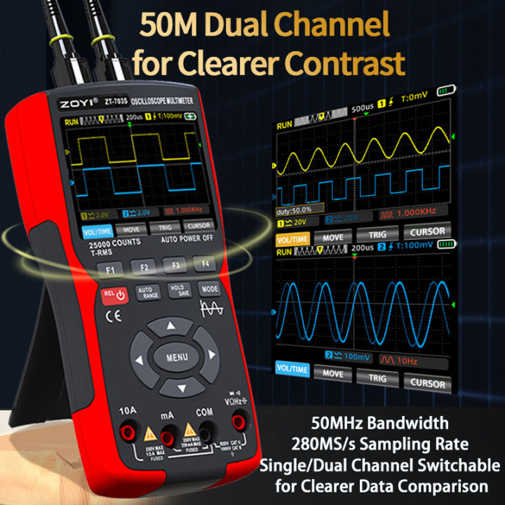 ZOYI ZT-703S 3 in 1 Oscilloscope Multimeter with 3.5 Inch IPS Display,25000 Counts, Dual Channel 50MHZ Bandwidth,280MSa/s