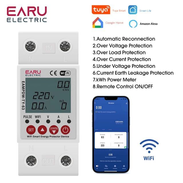2P 63A TUYA APP WiFi Smart Circuit Earth Leakage Over Under Voltage Protector Relay Device Switch Breaker