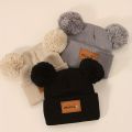 3pcs Mini Heart Faux Leather Label Double Pom Knit Beanie Hats for Youngsters Hand Washable, New Year's Ocn Theme Cute Hats. 