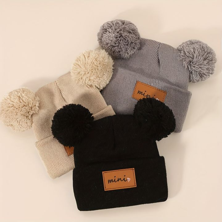 3pcs%20Mini%20Heart%20Faux%20Leather%20Label%20Double%20Pom%20Knit%20Beanie%20Hats%20for%20Youngsters%20Hand%20Washable,%20New%20Year's%20Ocn%20Theme%20Cute%20Hats%20-%20Image%202