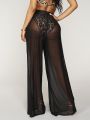 Hot Selling Mesh Wide Leg Pants In Europe And America  Perspective High Waisted Straight Leg Pants Solid Color Loose Pants. 