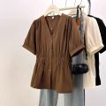 200 Pounds Plus Size Elastic Waist Summer Shirt And Blouse Solid Top Women's New In Clothes Simple V-neck French.